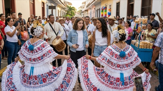 Bailarinas de pollera de Las Tablas — Sophie y Valentina rodeadas de faldas bordadas, tamborileros y gente de festival en la calle.