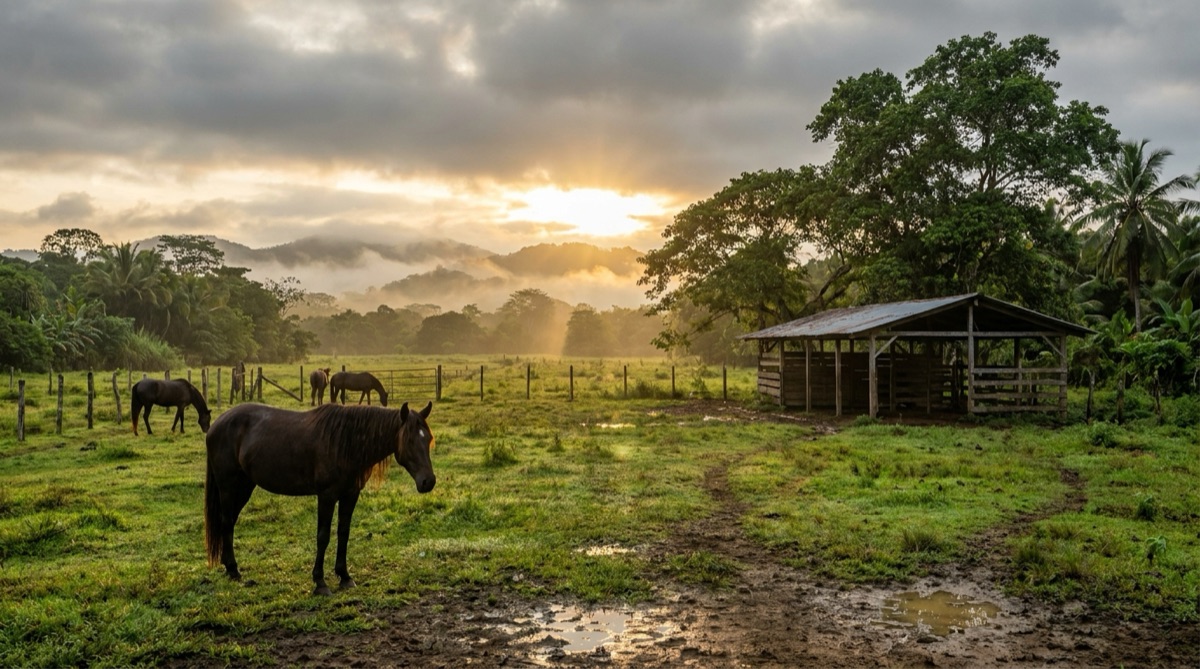 Tres caballos están de pie al amanecer en un potrero lodoso junto a un cobertizo abierto, con colinas brumosas y selva tropical detrás, cerca de Chepo, Panamá.