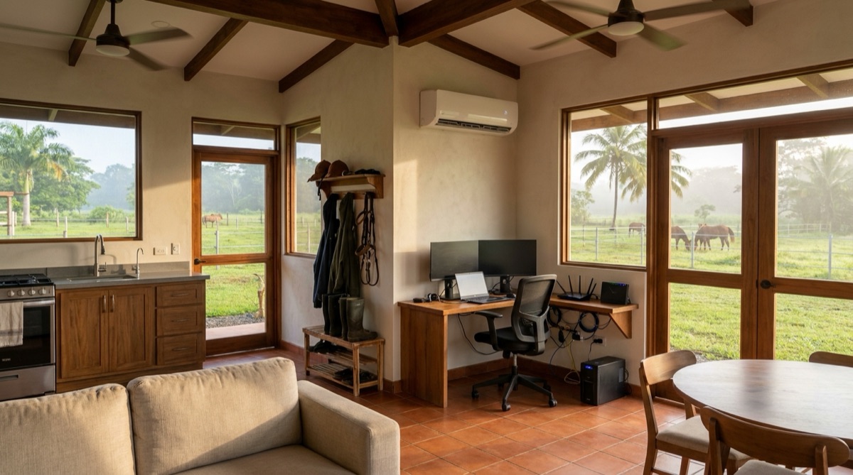 El interior de la casa panameña de Stefan, con cocina, muebles de madera, un escritorio junto a la ventana y caballos visibles a través de las puertas de vidrio.