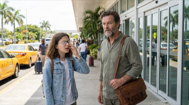 Llegada a Tocumen — Sophie y Stefan enfrentando la pared de calor, con los lentes empañados y el primer golpe físico de Panamá.