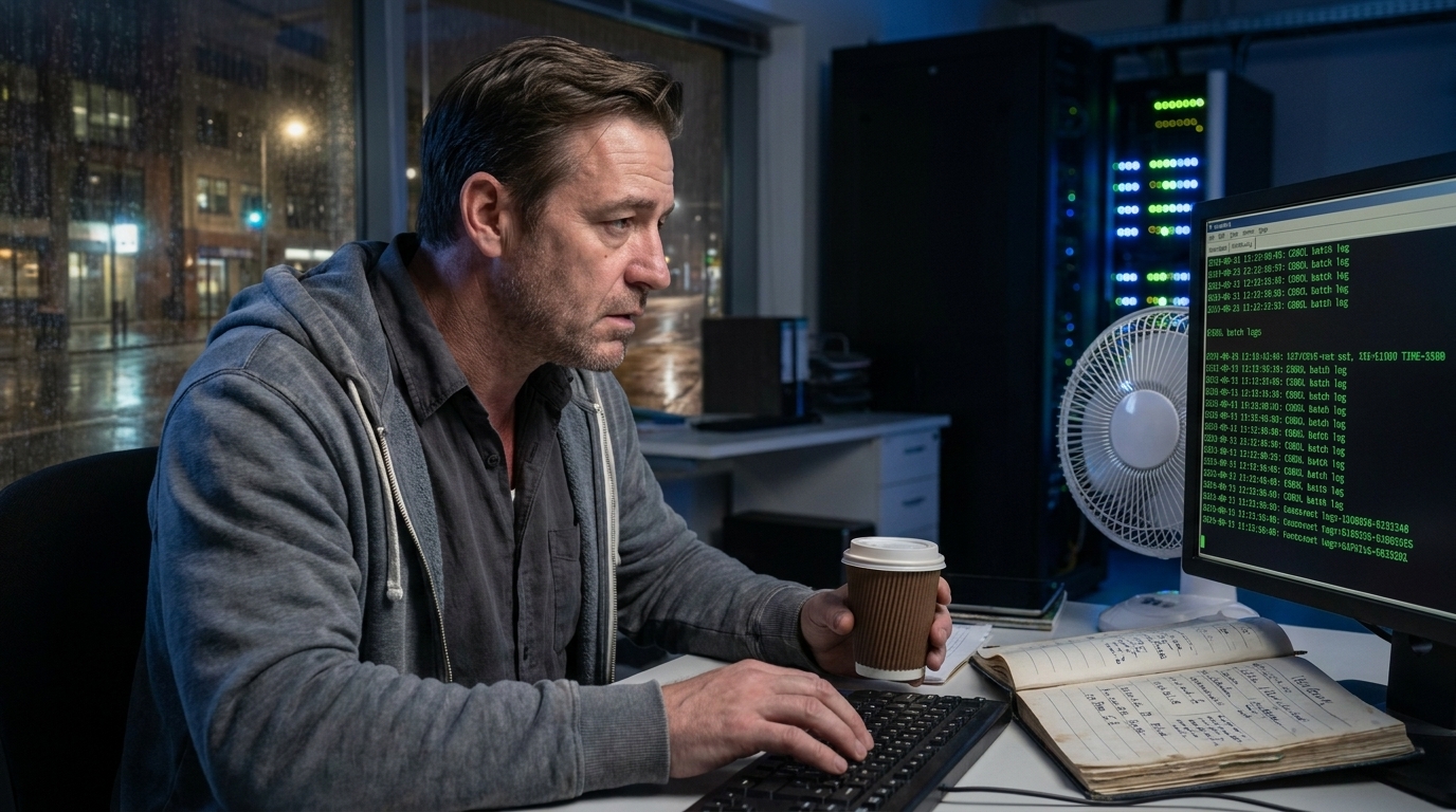 Oficina vacía por la noche, iluminada por monitores y el resplandor de un rack de servidores. Nathan Cole: sudadera desgastada sobre una camisa arrugada, barba de varios días, ojeras oscuras, una mano agarrando un vaso de papel con café quemado, la otra suspendida sobre un teclado.