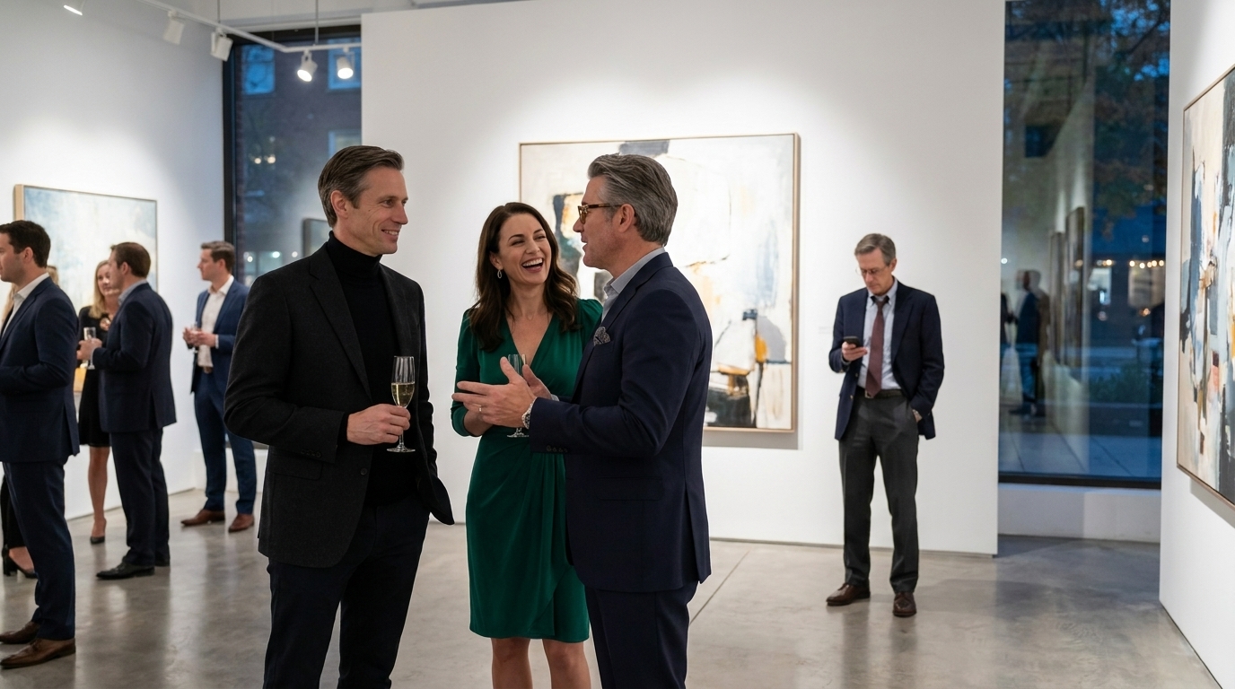 Inauguración en una galería de lujo con paredes blancas y focos de luz. Graham Whitaker: cuello de tortuga negro debajo de un blazer, confianza relajada, sosteniendo una copa de champán. Su esposa: vestido verde esmeralda, joyería minimalista, cabello suelto, riéndose de la broma de un donante. Preston Hale: traje oscuro, camisa de cuello abierto, carisma de autor de libros, gesticulando mientras habla. Derek Lawson en el fondo: sin chaqueta de traje, corbata aflojada, mirando su teléfono.