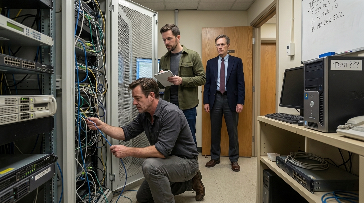 Sala de servidores con un rack medio abierto y una maraña de cables. Nathan Cole está arrodillado en el suelo con unos chinos gastados, con las mangas arremangadas, rastreando un cable de red a través de un nido de ratas de cableado detrás del rack. Ethan Carter está de pie a su lado con un bloc de notas, la sudadera abrochada, el rostro iluminado por el resplandor del monitor. Una vieja torre de Windows Server está sentada en un estante con una etiqueta escrita a mano: 'TEST???'. Una pizarra cercana muestra direcciones IP garabateadas y contraseñas tachadas. Se ven los zapatos de vestir y las perneras del pantalón del traje de Derek Lawson en la puerta, con su postura rígida y ofendido por el polvo. Luces fluorescentes, habitación cálida y zumbante.