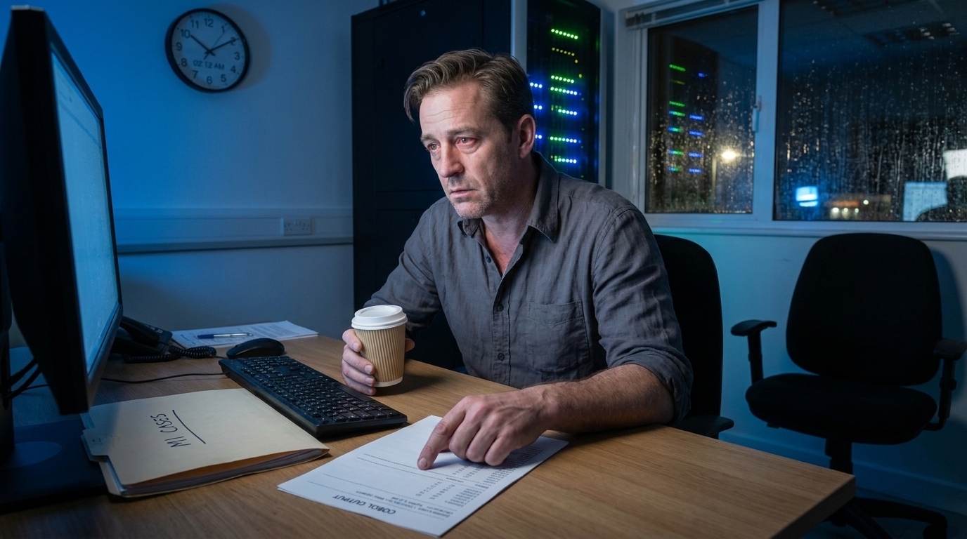 Oficina a altas horas de la noche, Nathan Cole solo en su escritorio iluminado por el resplandor del monitor. Un informe impreso de salida de COBOL está extendido sobre el escritorio con filas resaltadas. Nathan Cole: los ojos rojos por la fatiga, con una taza de café en la mano, un dedo trazando un elemento de línea en el informe. Una carpeta de manila con la etiqueta manuscrita 'MI CASES' está abierta junto a su teclado. El reloj de la pared marca las 02:12. Afuera: luces de la calle sobre el pavimento mojado, la lluvia sigue cayendo. El zumbido de los servidores al fondo. La silla junto al escritorio de Nathan está vacía.
