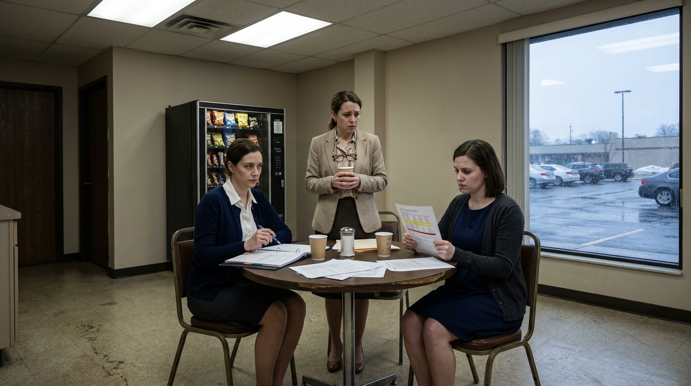 Sala de descanso con una máquina expendedora zumbante y una pequeña mesa redonda. Linda Pritchard: cárdigan oscuro, falda, zapatos planos sensatos, carpeta abierta, bolígrafo dando golpecitos. Sharon Mills: blazer beige, blusa estampada, gafas en una cadena, manos envueltas alrededor de un vaso de papel. Donna Reeves: vestido azul marino, cárdigan, agarrando un informe impreso de salida de Cucumber con líneas FALLADAS resaltadas, nudillos blancos. La ventana muestra un cielo nublado y un aparcamiento mojado. Dura iluminación fluorescente.