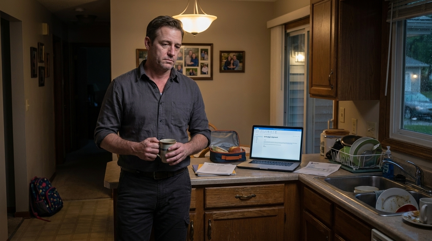 Nathan Cole en la encimera de la cocina de una casa suburbana en penumbra. Bolsa de almuerzo a medio deshacer, portátil abierto junto a una pila de deberes escolares y una factura de servicios públicos. Nathan todavía con ropa de trabajo arrugada, sin corbata, el botón superior desabrochado, una mano alrededor de una taza de café recalentado. Al fondo: un pasillo a oscuras, la mochila de un niño en el suelo, fotos familiares ligeramente torcidas en la pared. La pantalla de su teléfono brilla con un correo electrónico no leído de Derek Lawson titulado 'Alineación de presupuesto Q4'. Fuera de la ventana: entrada húmeda, la luz del porche reflejándose en la lluvia.