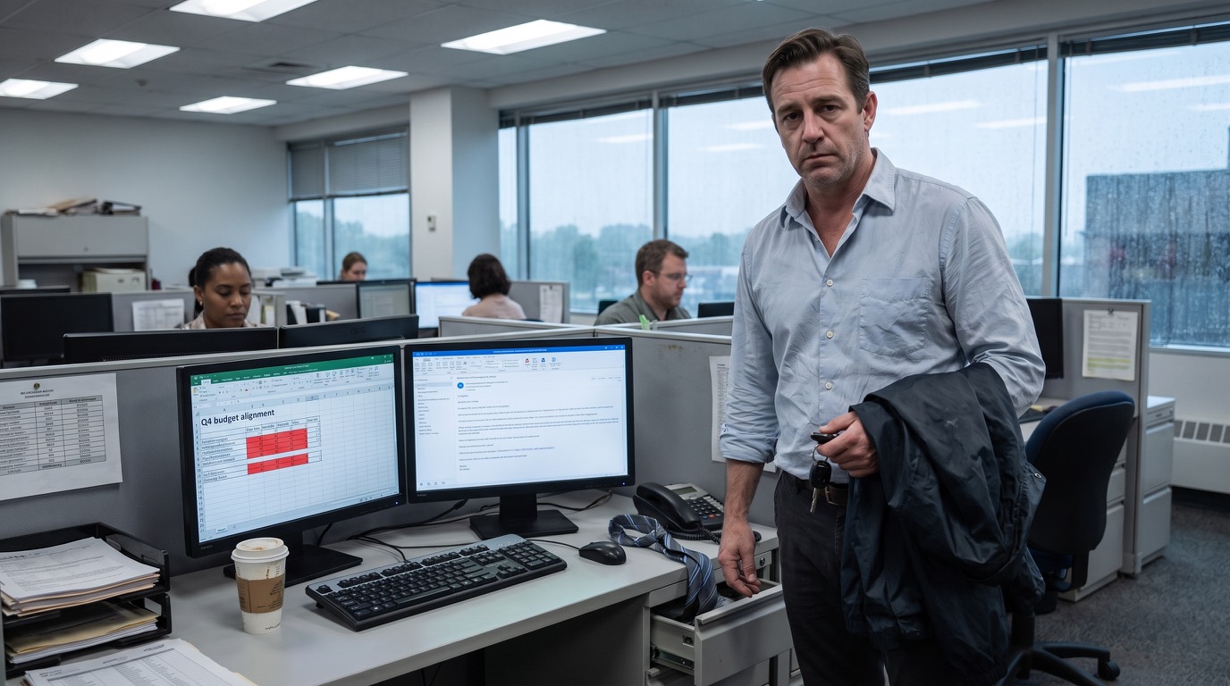 Nathan Cole en su escritorio, justo después de entrar por la puerta lateral de una oficina abierta y cansada, con la camisa azul pálido arrugada del día anterior y la corbata metida en un cajón. Un monitor muestra el correo de Derek Lawson titulado Q4 budget alignment y el otro una hoja presupuestaria con una línea de contratista ausente. Nathan se aferra al borde del escritorio con una mano y a un teléfono de oficina negro barato con la otra. Alrededor: montones de impresiones, un dibujo infantil junto al monitor, notas adhesivas amarillas, café frío y el panel de pared cambiado a una intranet corporativa insulsa. Al fondo, Linda Pritchard se detiene junto a una fotocopiadora fingiendo ordenar papeles. Luz fluorescente, día gris húmedo en las ventanas, 16 °C afuera.