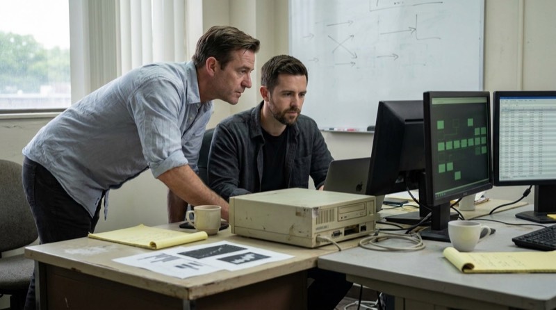 Nathan Cole and Ethan Carter work side by side at mismatched desks in a narrow Ohio development office, the old Micro Focus workstation and two abstract test screens lit by cool terminal glow and a struggling morning sun.