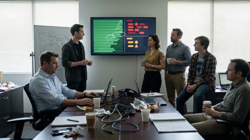 Ethan Carter studies an abstract test dashboard while Nathan Cole, Olivia Parker, Ryan Mitchell, Caleb Turner, and Marcus Doyle gather in the crowded development room. Green, red, and amber test shapes glow among notebooks, cables, and lunch wrappers.