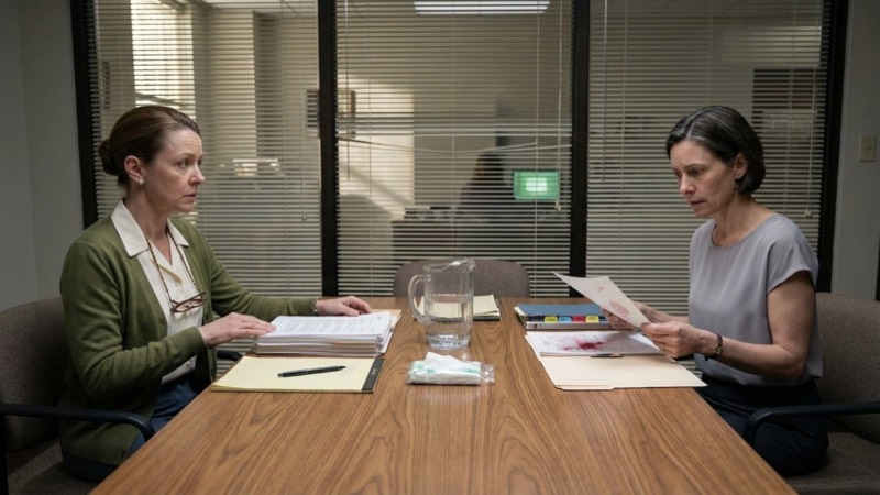 Linda Pritchard, Sharon Mills, and Donna Reeves sit in tense silence around a faux-wood conference table with comparison printouts, legal pads, a water pitcher, and binders. Hot afternoon light filters through closed blinds.