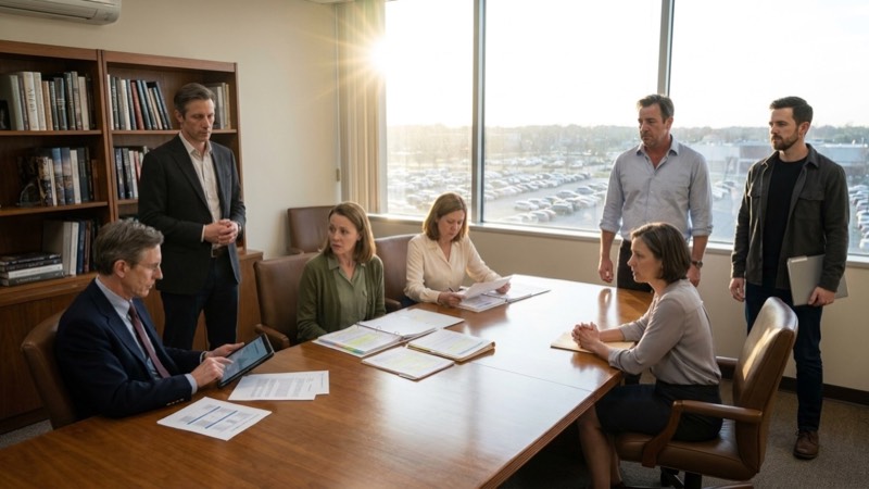 Graham Whitaker stands near the window of his polished office while Derek Lawson, Linda Pritchard, Sharon Mills, Donna Reeves, Nathan Cole, and Ethan Carter face one another around a table covered with binders and reports.
