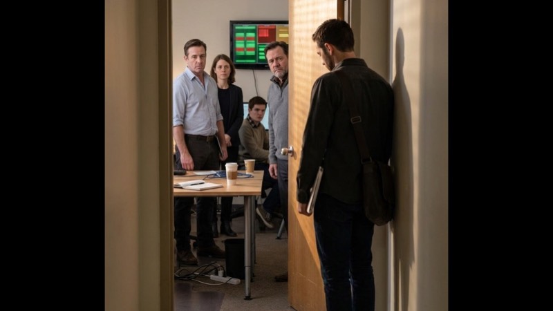 Ethan Carter pauses at the doorway with his messenger bag and a packet of printed tests while Nathan Cole and the development team remain behind him in the late-afternoon office. The test monitor continues to glow with abstract green, red, and amber results.