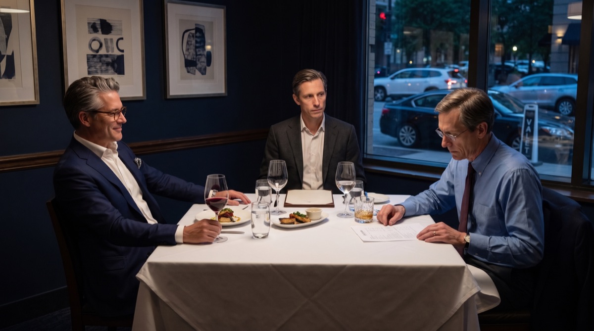 Preston Hale, Graham Whitaker, and Derek Lawson rationalize the company's failures over dinner in a private Cleveland restaurant.