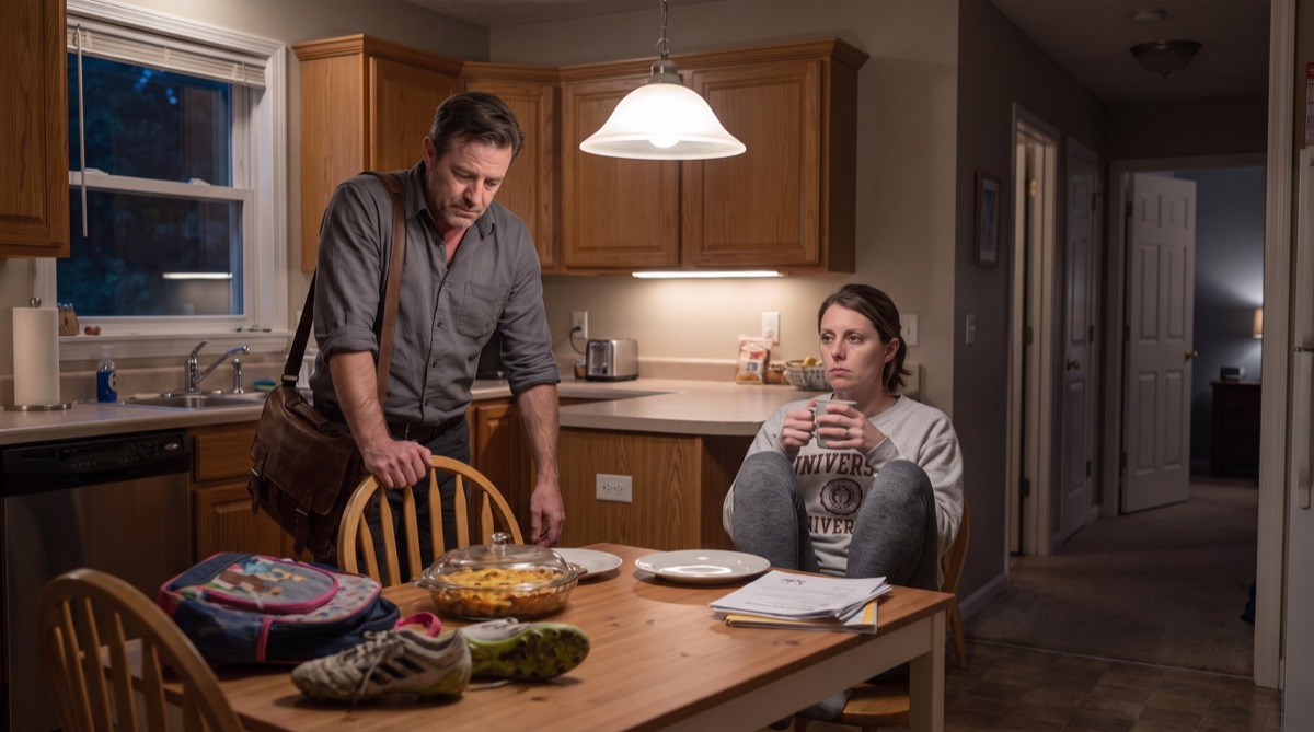 Nathan Cole stands beside an untouched family dinner while his exhausted wife waits at the kitchen table.