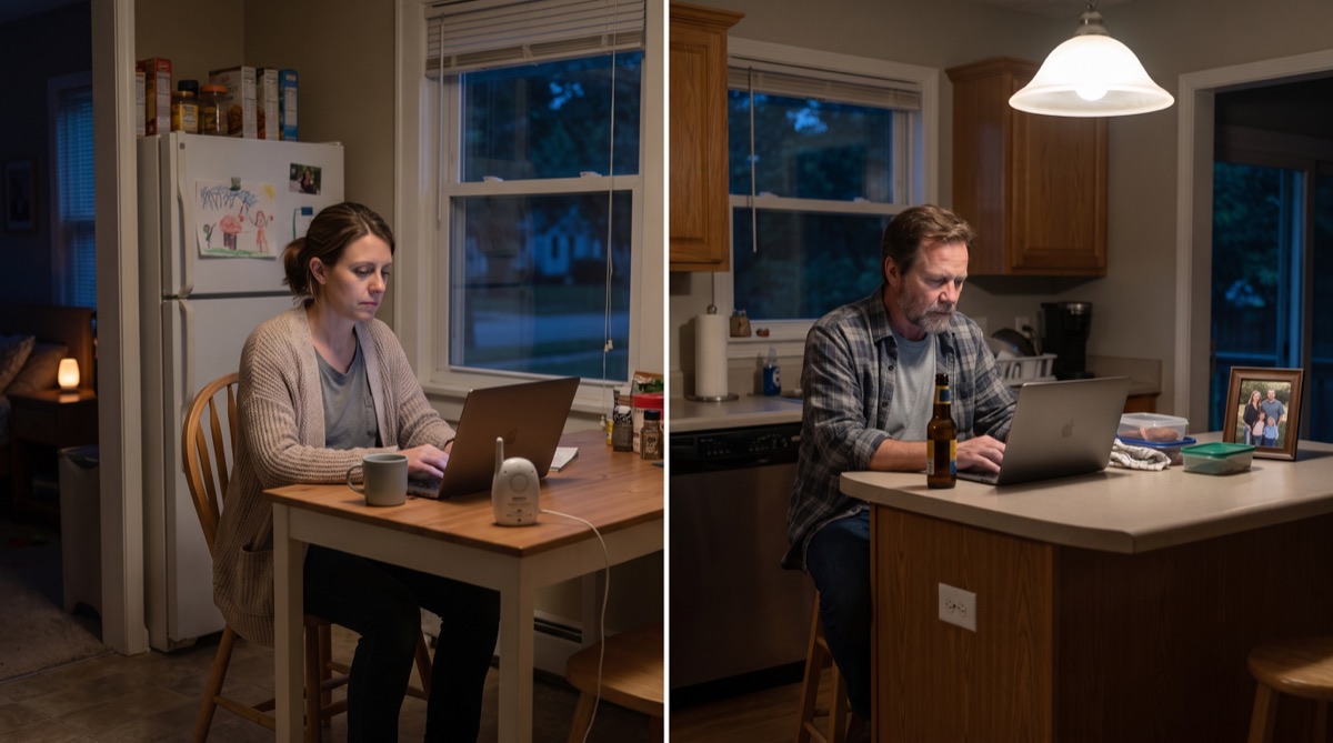 Olivia Parker and Ryan Mitchell work separately at night in two quiet family kitchens as they begin planning their exits.