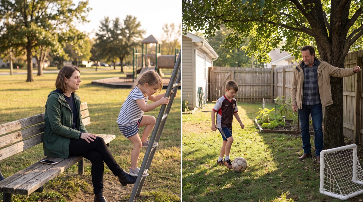 Olivia watches Maya at a playground while Ryan plays soccer with his son in two separate Ohio family scenes.