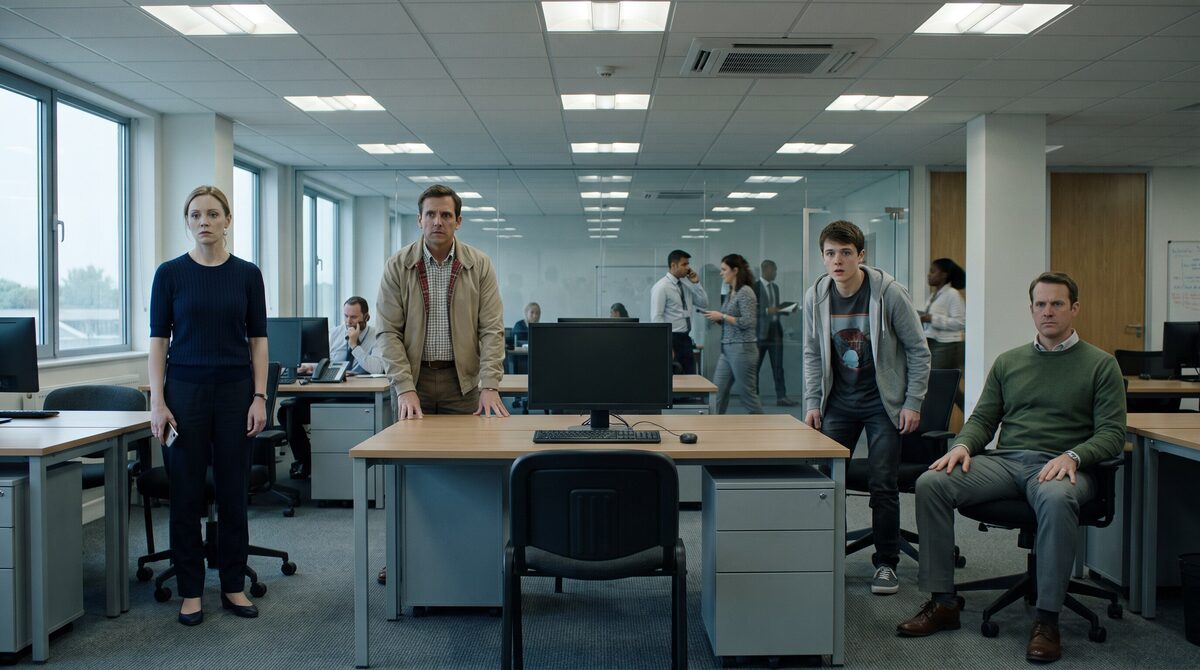 Olivia, Ryan, Caleb, and Marcus face Nathan Cole’s empty desk in the development room while ordinary office life continues behind the glass partition.