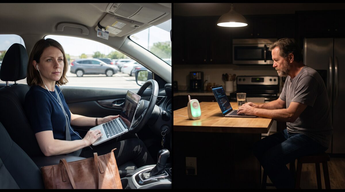 Parallel scenes show Olivia Parker interviewing from her parked car at lunch and Ryan Mitchell completing a coding challenge at a quiet kitchen island after bedtime.