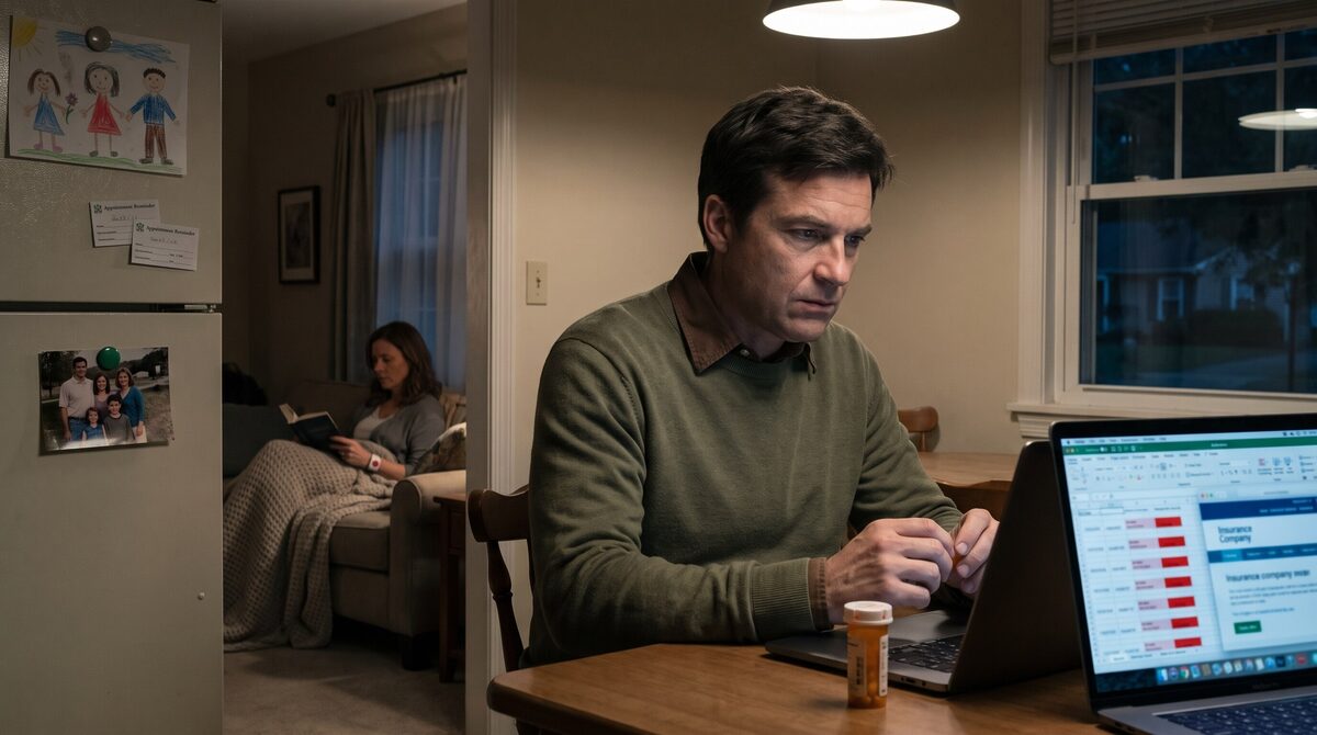 Marcus Doyle studies a laptop and prescription bottle at his kitchen table while his wife reads under a blanket in the adjoining room.