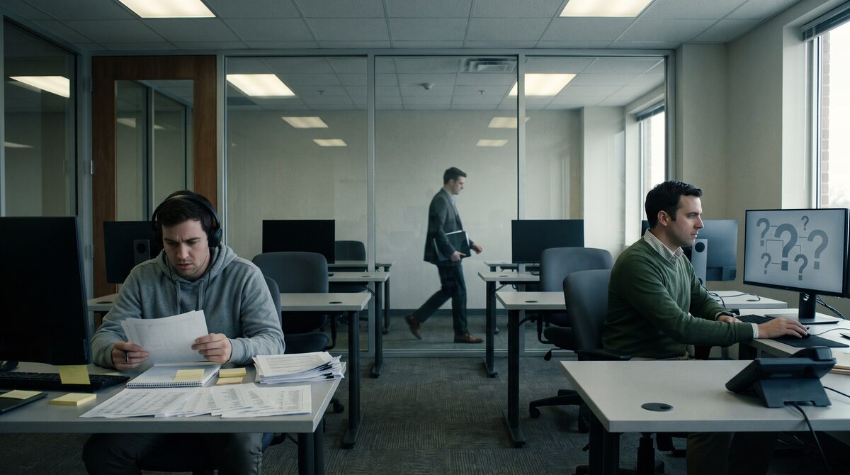 Caleb Turner and Marcus Doyle work at the only two occupied desks in the emptied development room while Linda Pritchard passes behind the glass with a binder.