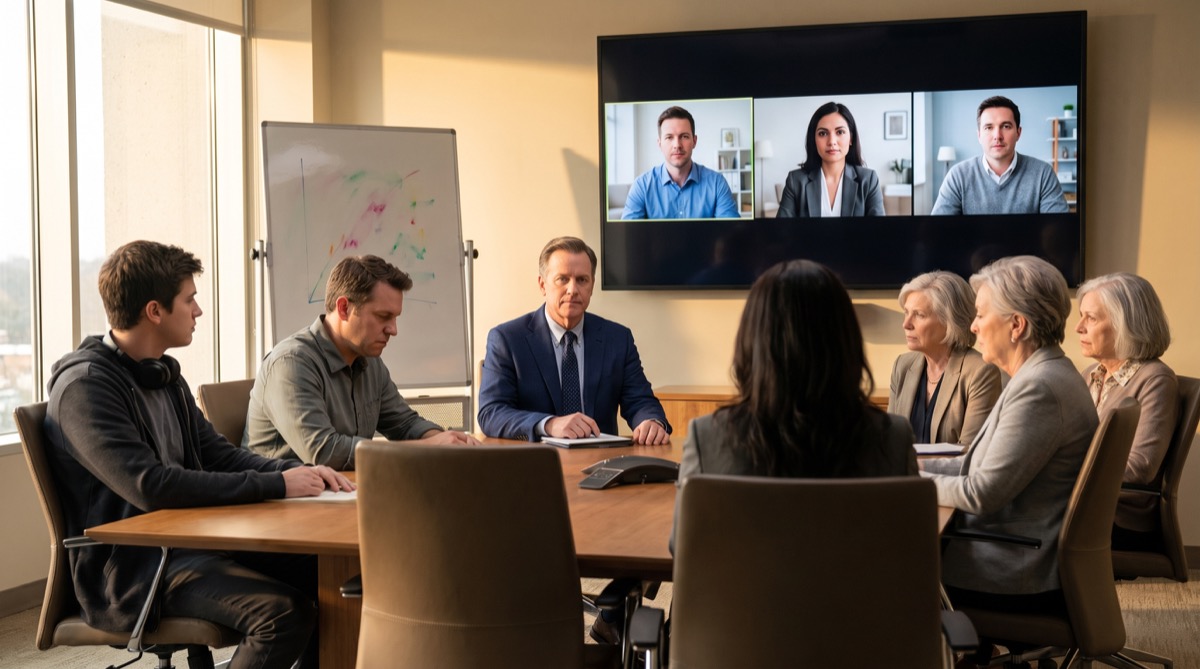 A tense cross-time-zone onboarding call fills a conference-room monitor while the local team sits beneath a tangled system diagram.