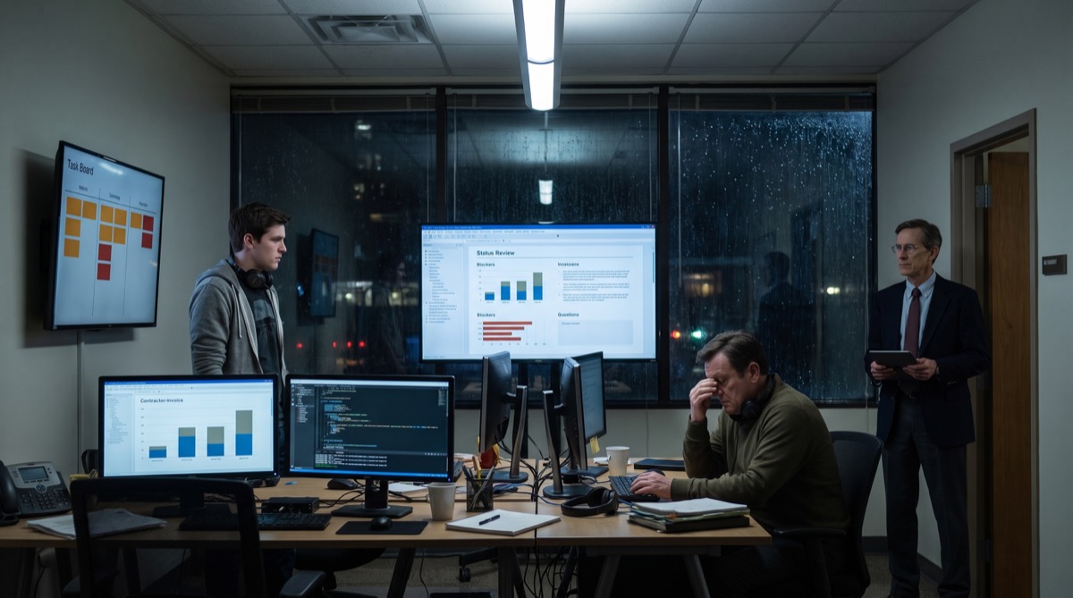 Caleb, Marcus, and Derek face a room of red and amber task indicators after dark while rain streaks the windows.