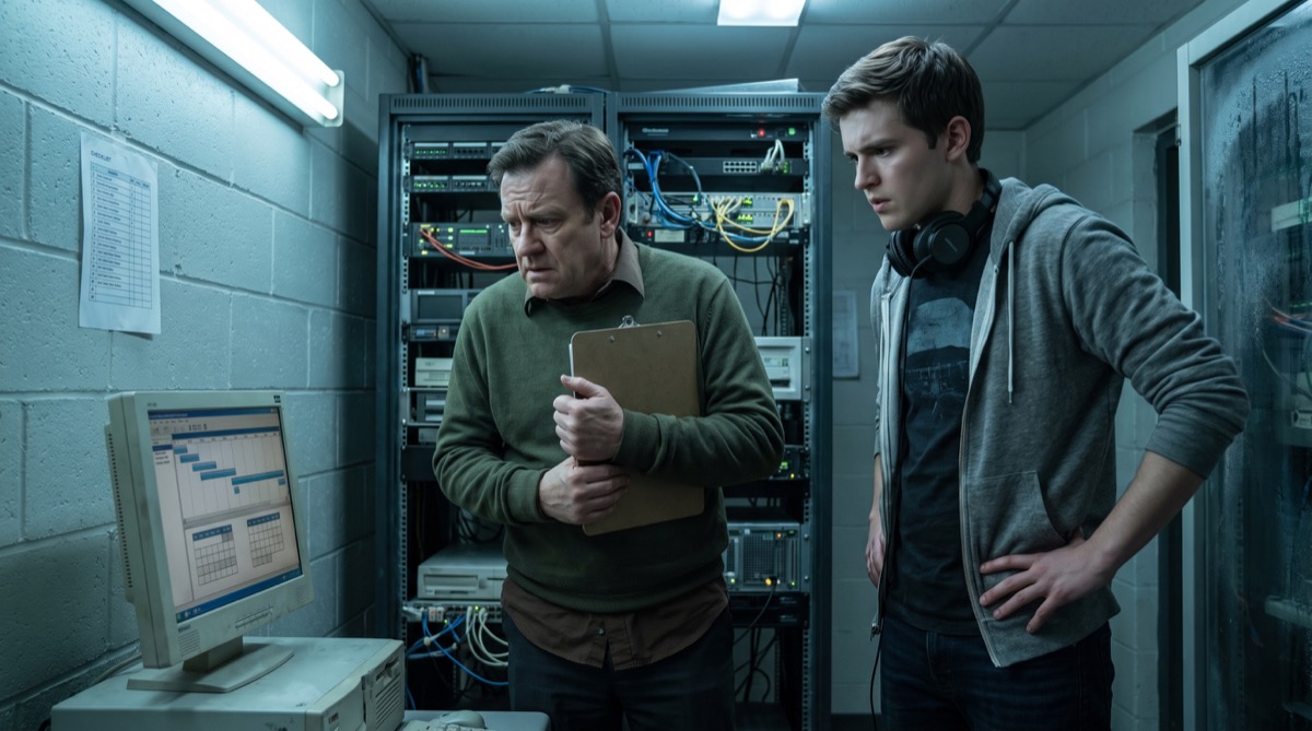 Marcus and Caleb stand before aging servers and a legacy workstation in a cold operations room, confronted by unchecked year-end work.