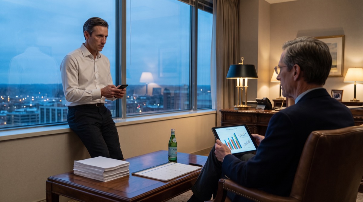 At dusk, Graham stands by his office window with his phone while Derek studies a tablet beside complaint papers and an unopened year-end calendar.