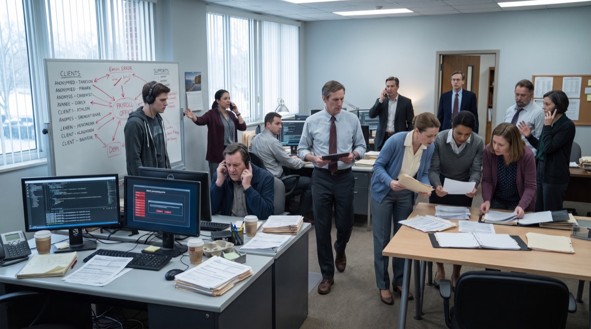 A daylight crisis overwhelms the Whitaker Payroll office as staff compare forms, logs, and client notices.