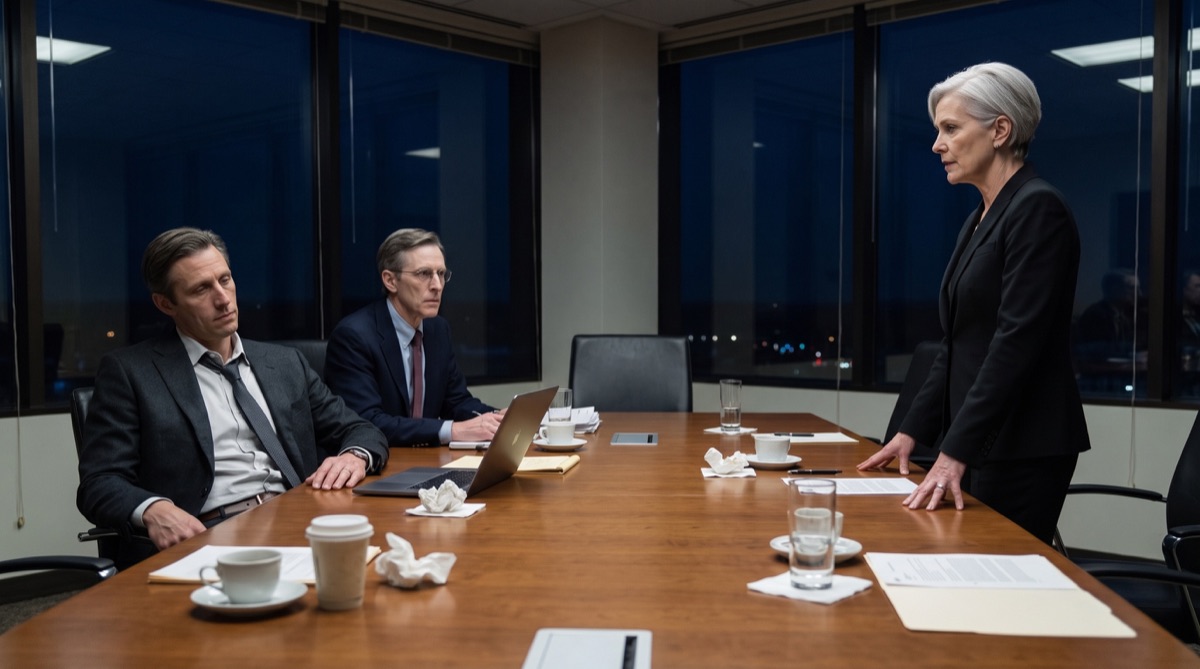 Graham Whitaker and Derek Lawson face outside counsel in a harshly lit conference room after dark.