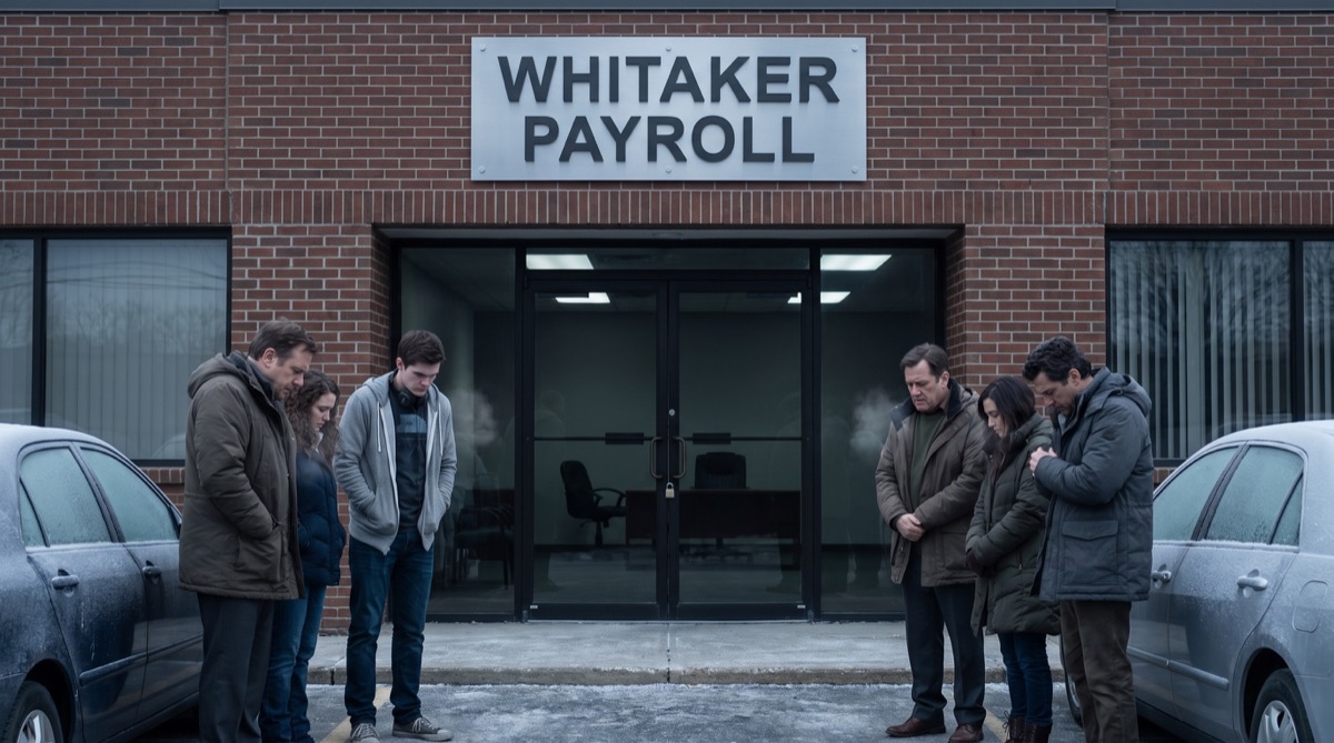 Caleb Turner, Marcus Doyle, and former employees face the dark locked doors of Whitaker Payroll on Monday morning.