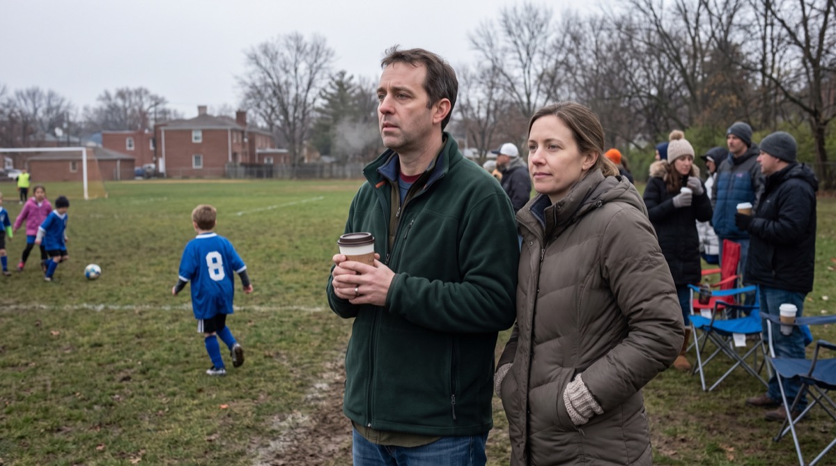 Ryan Mitchell and Melissa watch Owen play youth soccer on a cold gray autumn morning.