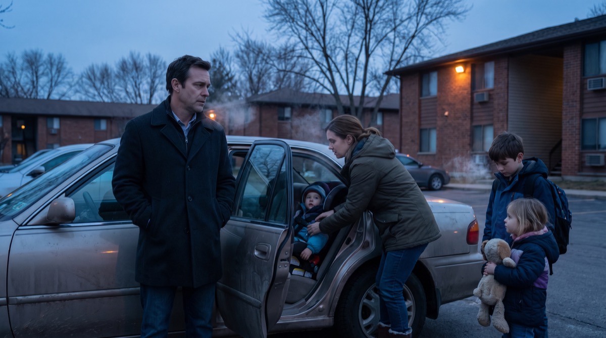 Nathan Cole waits quietly beside a sedan as Claire settles their children in for a cold dusk handoff.