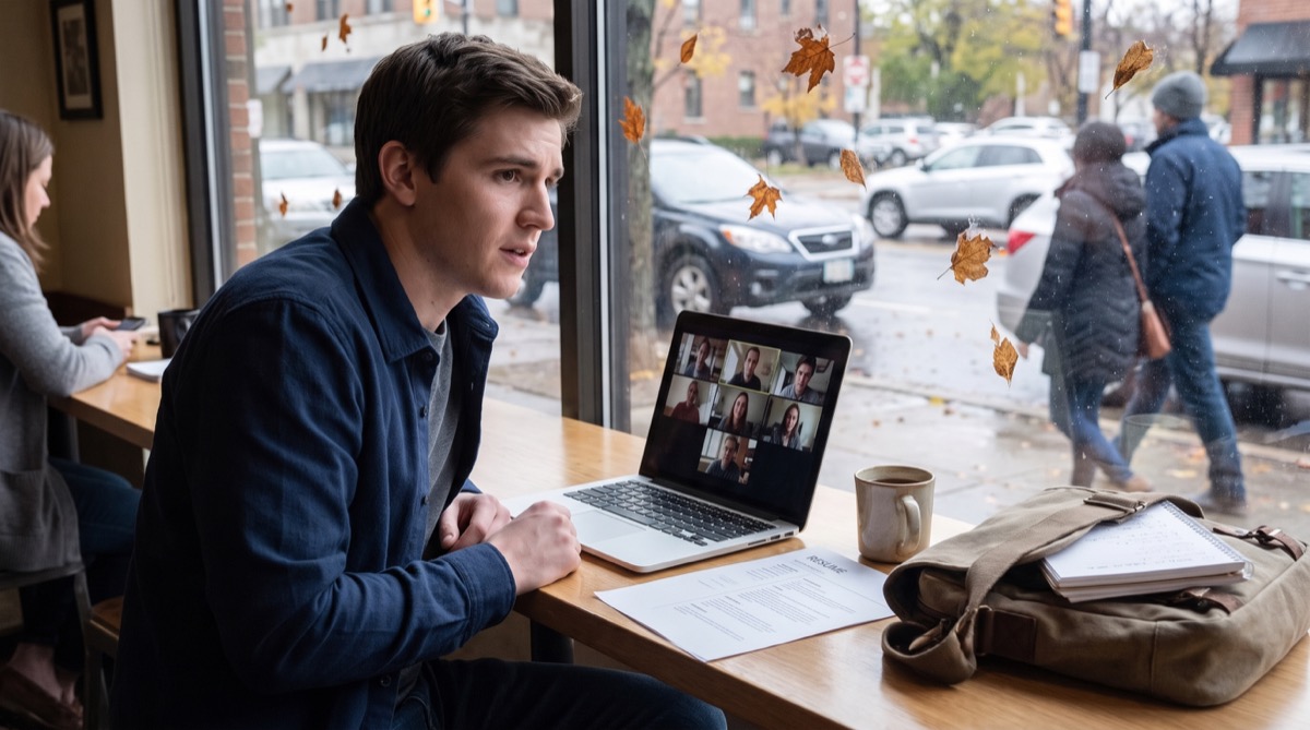 Caleb Turner takes a remote job interview in a coffee shop, with his resume, coffee, and Nathan's notebook close by.