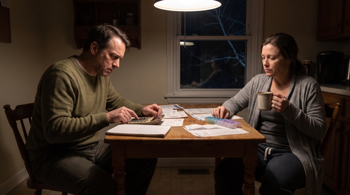 Marcus Doyle and Beth face bills, a calculator, and a pill organizer at their kitchen table late at night.
