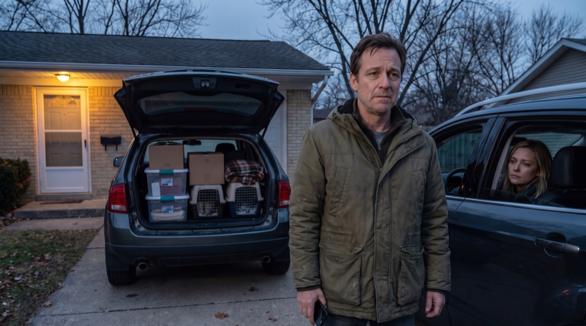 Marcus Doyle stands beside a packed SUV outside Beth's parents' house while Beth waits in the passenger seat at dusk.