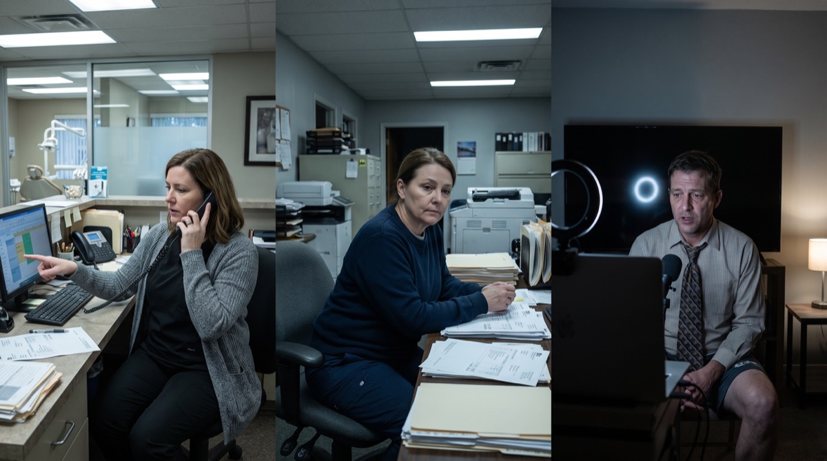 Melissa works at a dental desk, Teresa sorts freight invoices, and Rob takes a video interview from home.