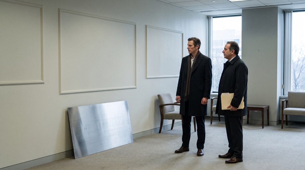 Graham Whitaker and broker Artie Levin survey the mostly empty Whitaker Payroll lobby.