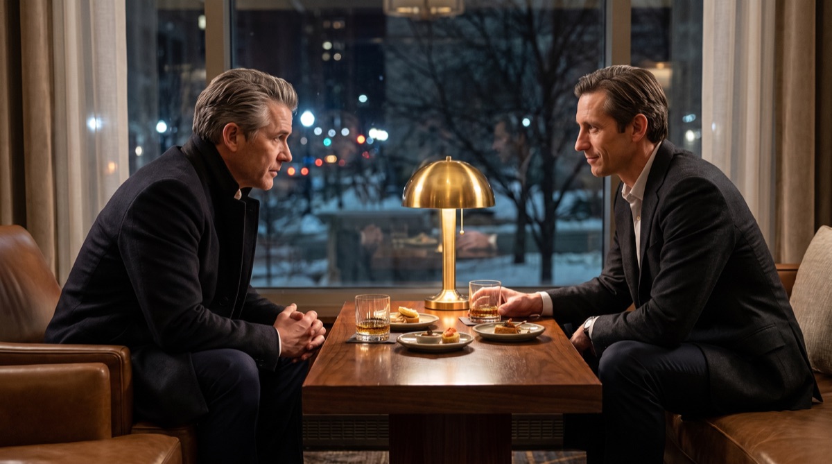 Graham Whitaker and Preston Hale talk over whiskey in a quiet Cleveland hotel bar.