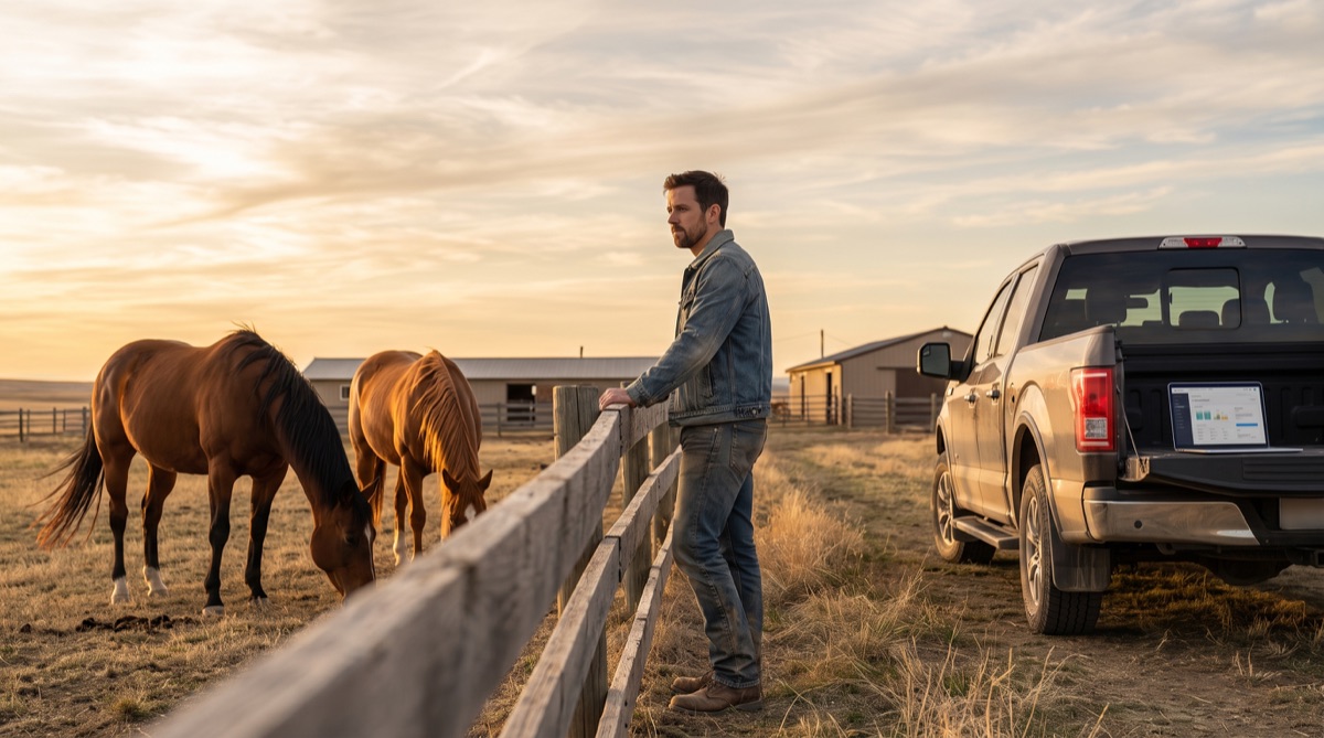 Ethan Carter stands at a Wyoming pasture gate beside his truck while horses graze under the spring sky.